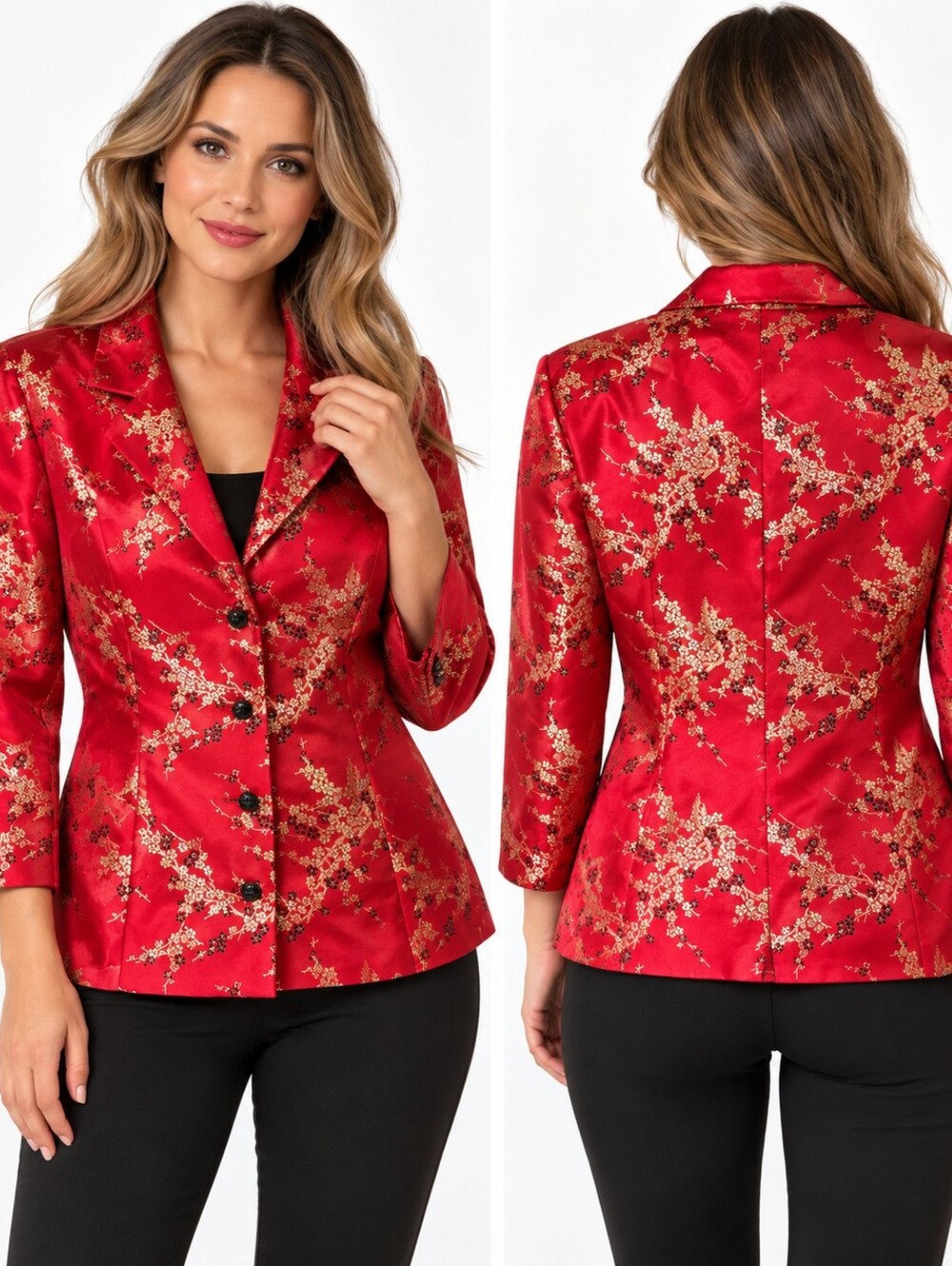 Jessica Howard Vintage Red Asian Embroidered Blazer with Gold Floral Accents